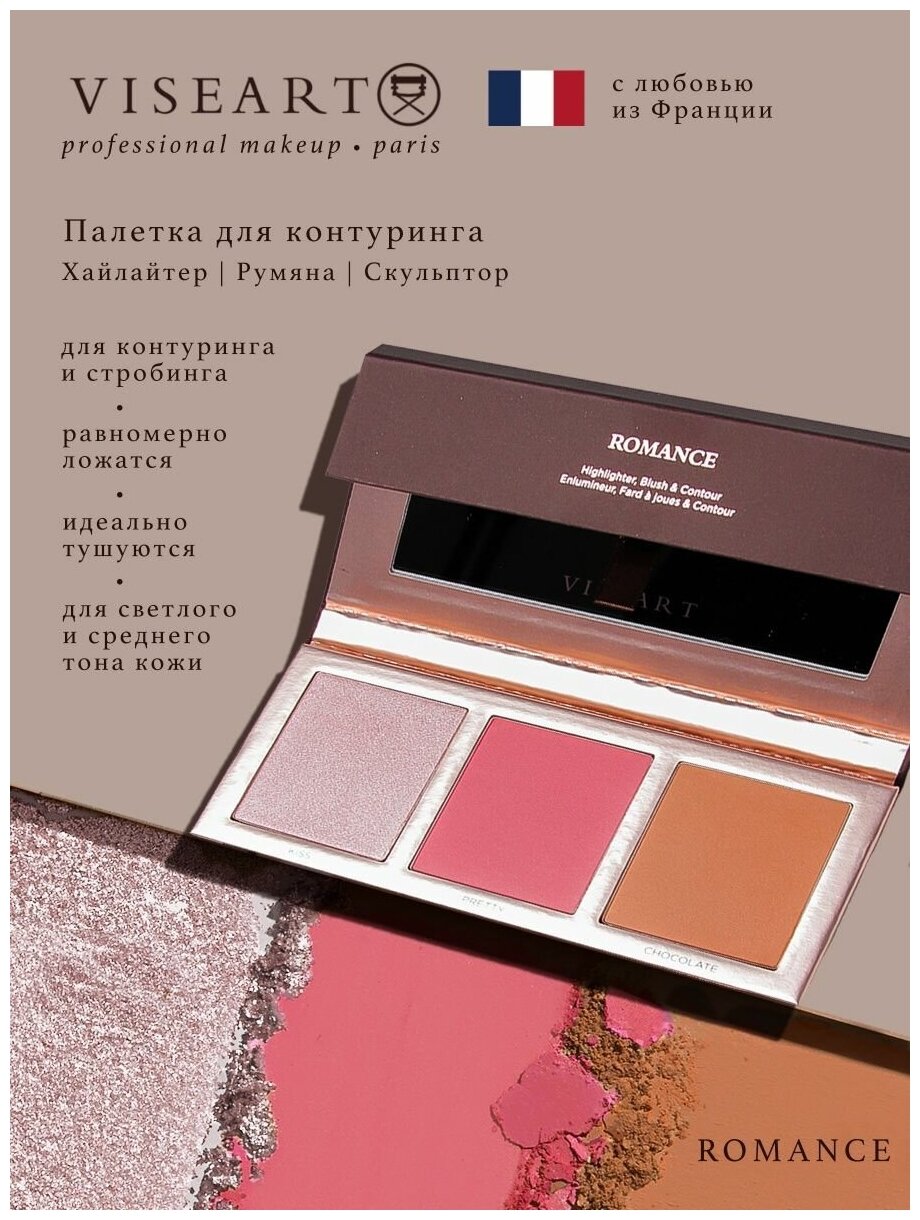 Палетка для контуринга, макияжа, Хайлайтер/Скульптор/Румяна Viseart, 24 гр (Romance)