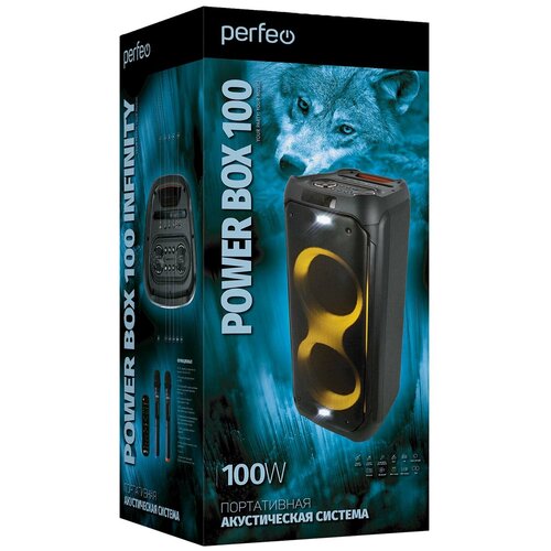 Perfeo ПАС “Power Box 100 INFINITY” 100BT, 2 б/п микрофона портативная акустика ritmix sp 830b black 20 вт 10 вт 2 tws bt 5 0 90 гц 16 кгц fm радио aux usb microsd mp3 wav wma flac ape дисплей