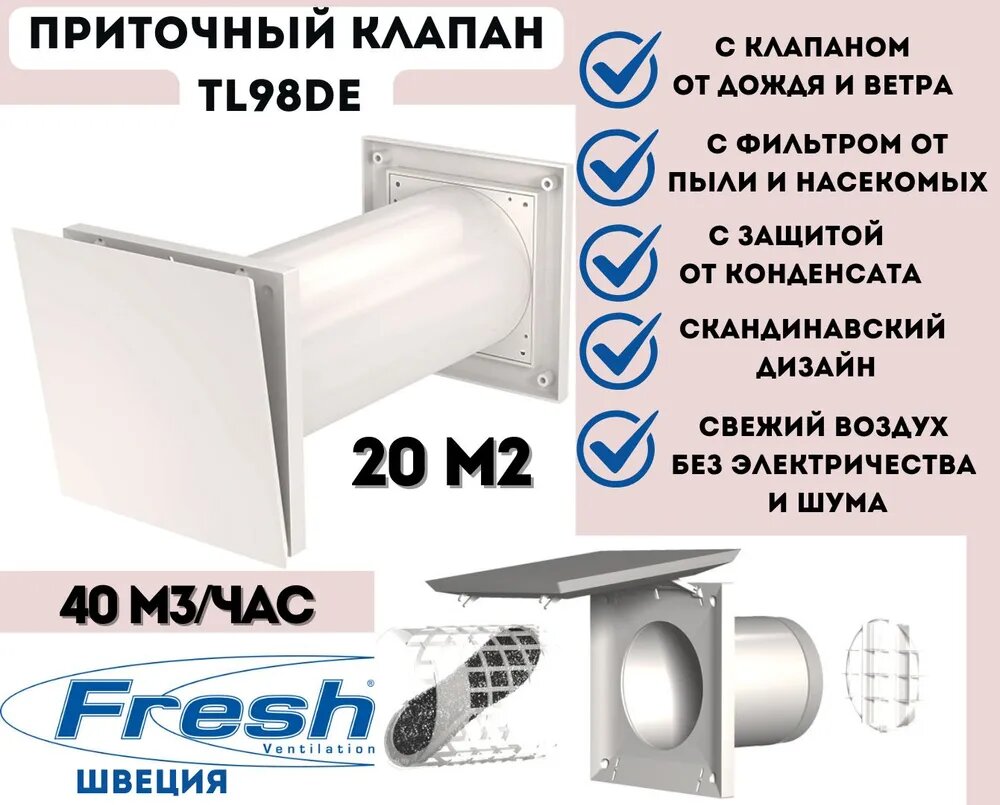 Приточный клапан Швеция с регулятором расхода воздуха и фильтром, Fresh TL98DE