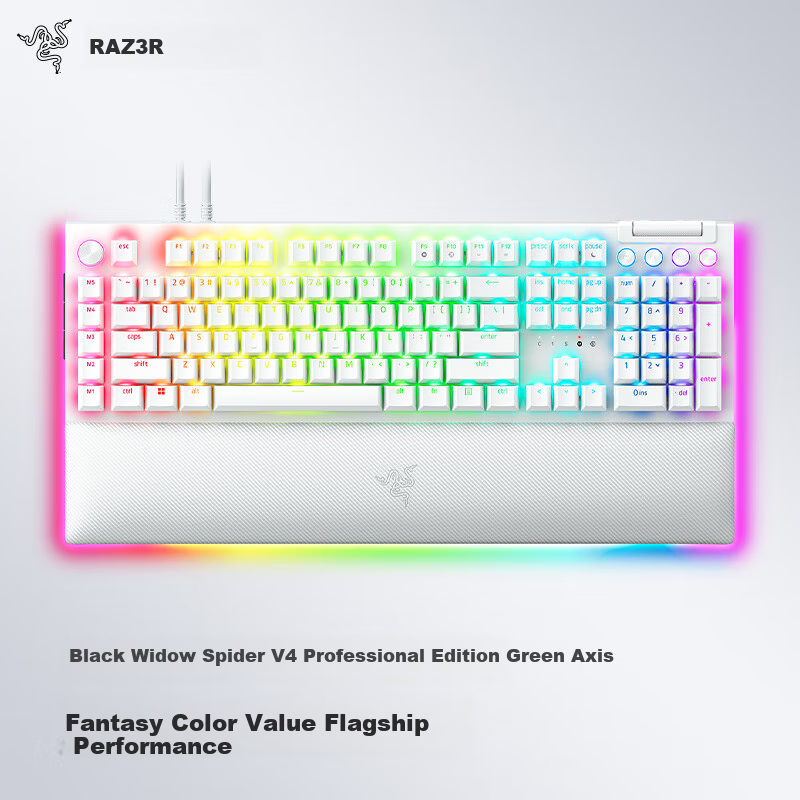 Механическая клавиатура Razer BlackWidow V4 Professional Edition, белая, RGB, зеленые переключатели, с подставкой