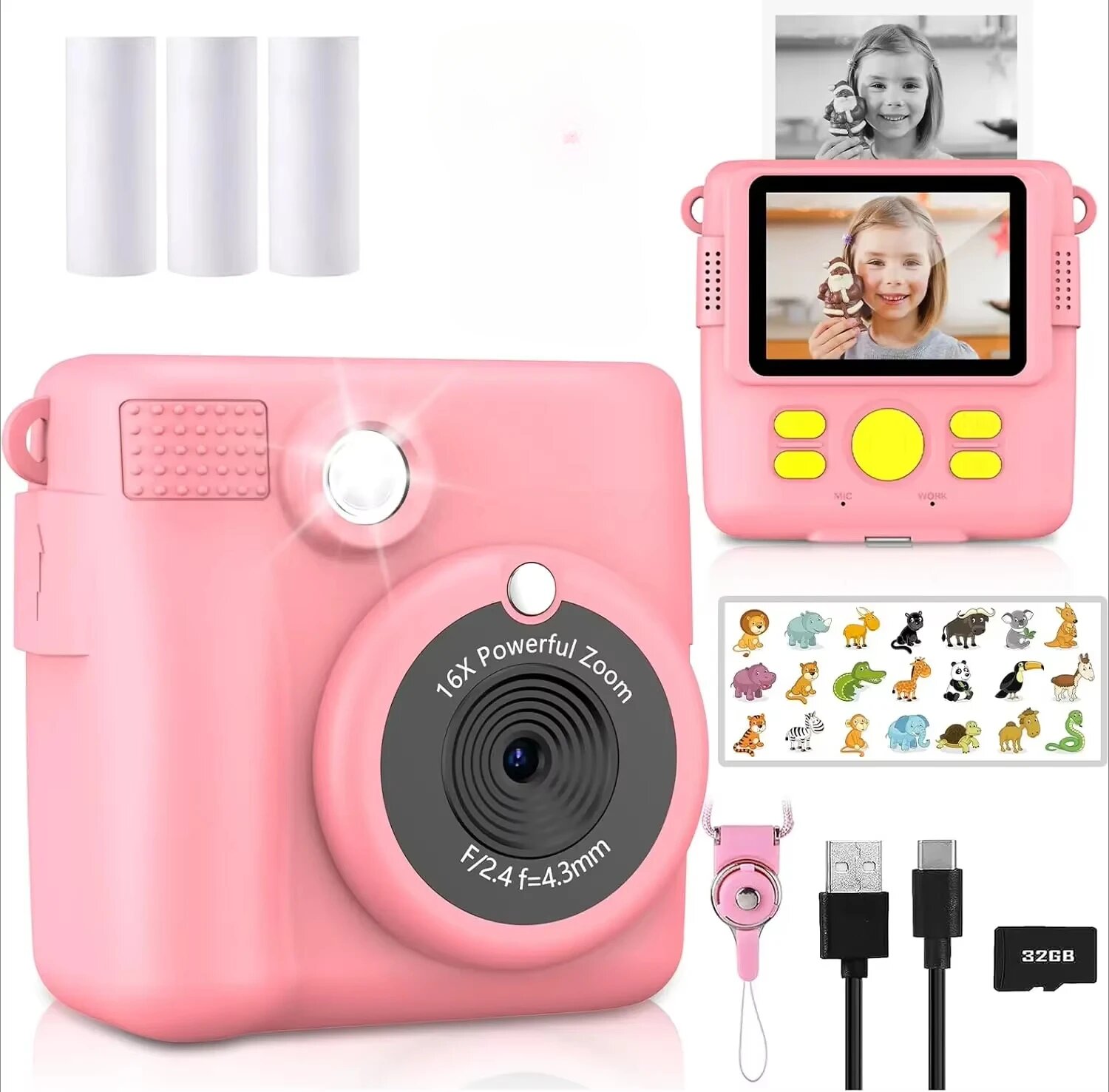 Детская фотокамера IAURA с мгновенной печатью, ABS681-Pink 32G