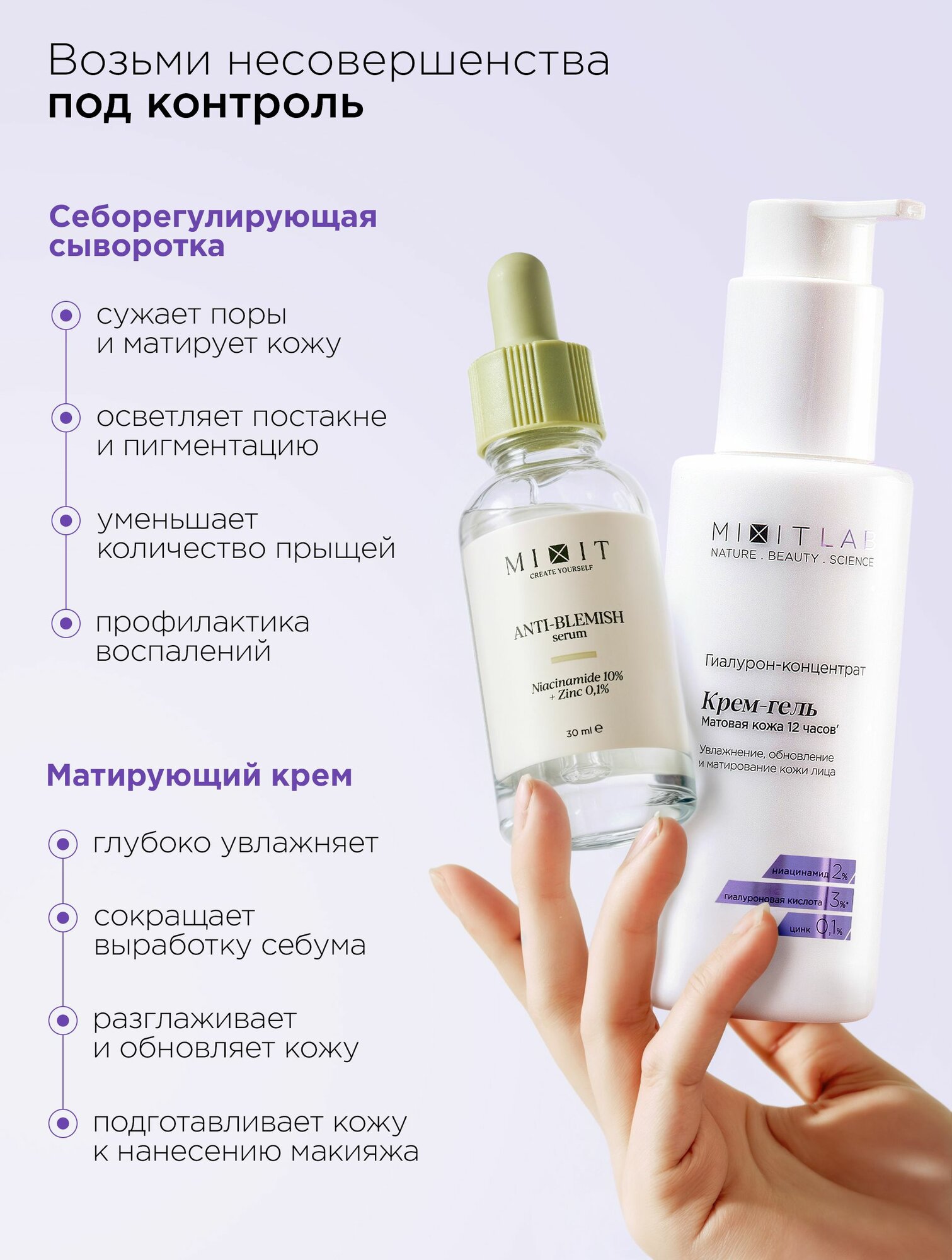 MIXIT Сыворотка для лица от прыщей с ниацинамидом, крем увлажняющий — фото 1