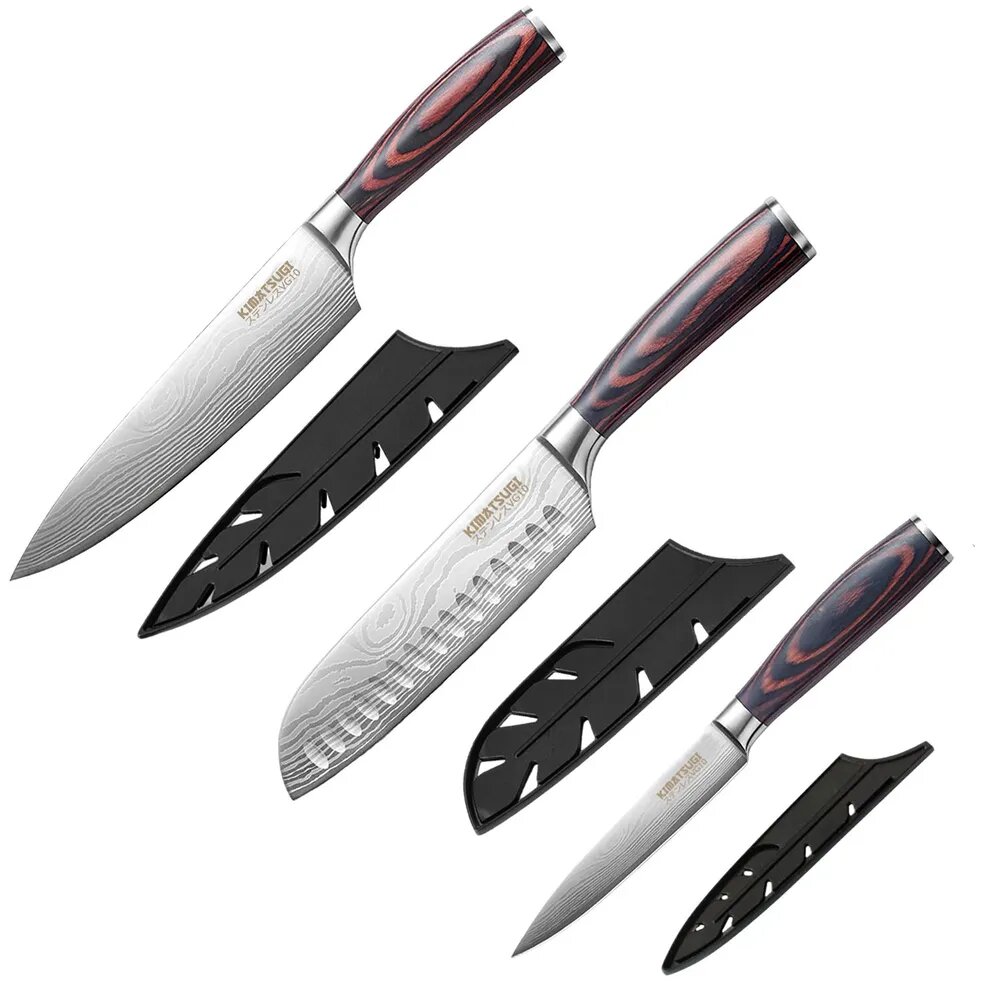 Картинки Набор японских кухонных ножей Kimatsugi Akogare. Сталь VG10. 3 ножа. Каждый нож в ножнах