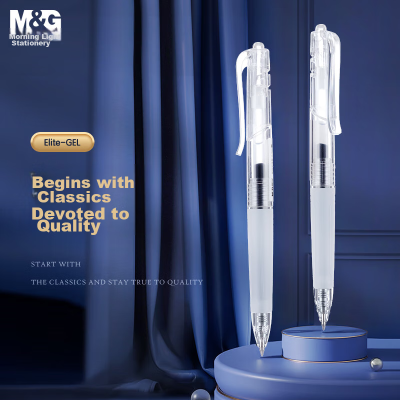 Chenguang (M&G) Stationery 0.5mm Black Retractable Gel Pen, Simple Office Bullet Tip Signing Pen, Business Elite Series E01 Transparent Ink Pen, 12 Pens/box AGP89707