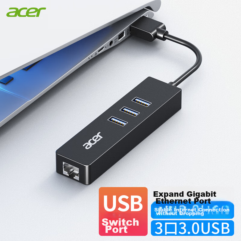 Acer USB 3.0 Hub Gigabit Version, Ethernet Port Converter, RJ45 Adapter, Expansion Dock, Compatible with Apple Mac And Huawei Computers, HUB Adapter