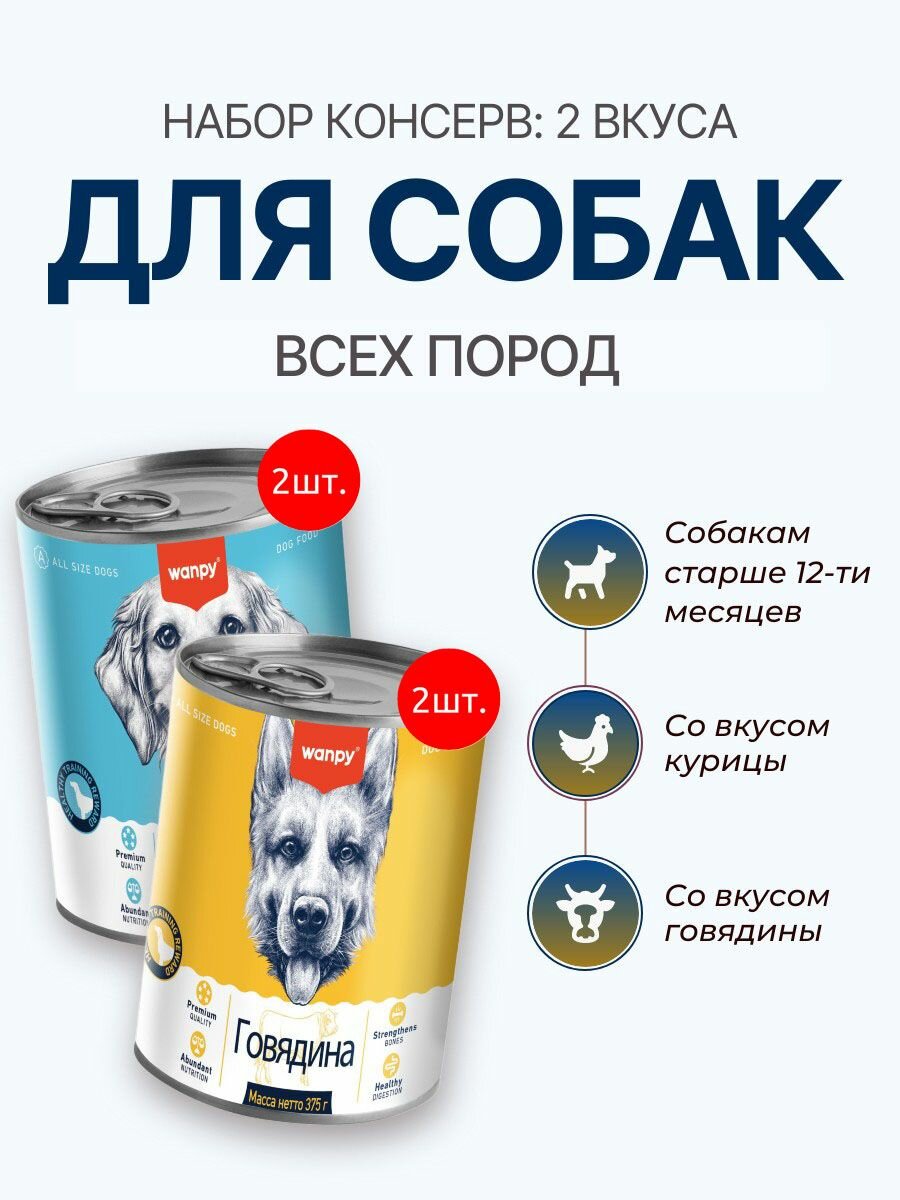 Набор влажного корма Wanpy Dog: 750 г (2 упаковки по 375 г) + 750 г (2 упаковки по 375 г). Консервы для собак. Курица + Говядина. Ванпи Дог
