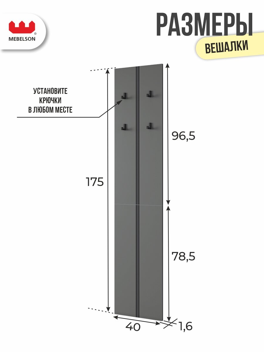 Вешалка в прихожую "Мерси 2", ЛДСП Графит, 40*1,6*175 см, Mebelson — фото 1