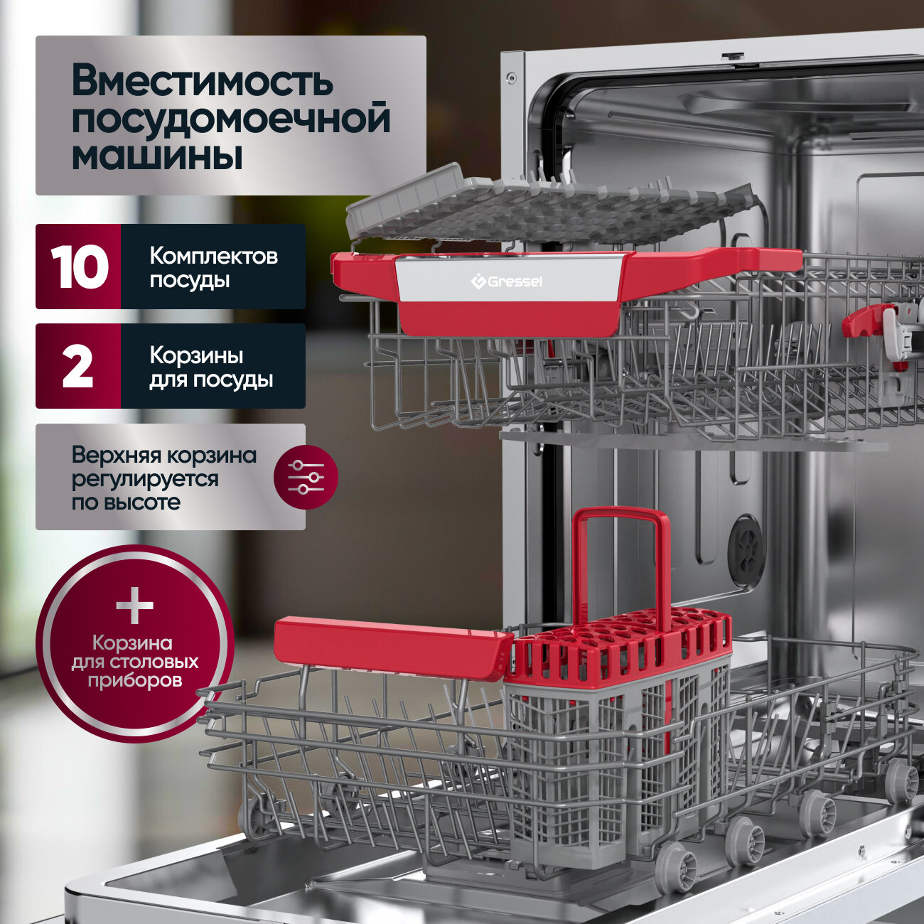 Посудомоечная машина Gressel UBB500, встраиваемая, загрузка 10 комплектов — фото 1