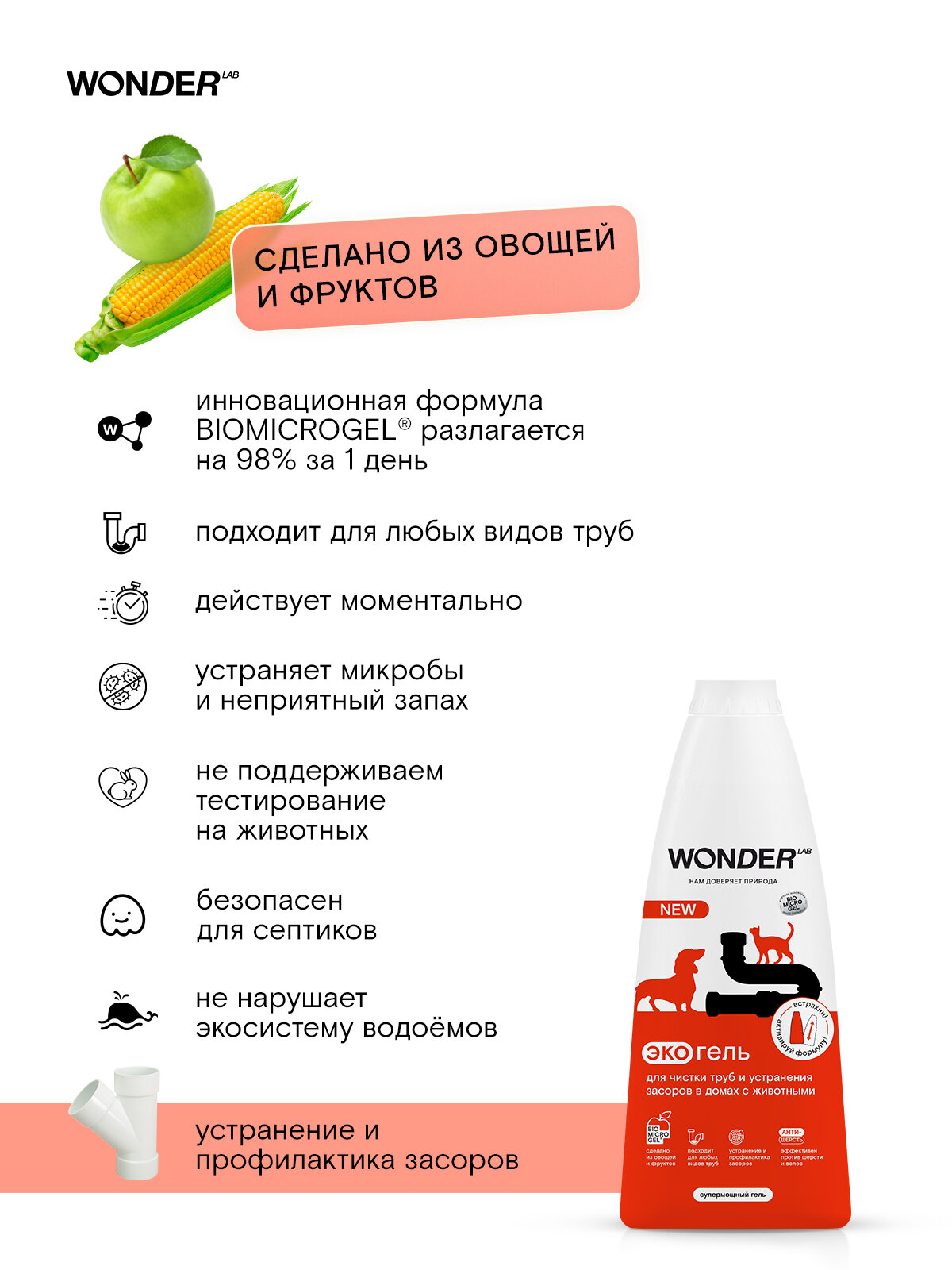 Суперэффективное средство от засора в трубах в домах с питомцами WONDER LAB, жидкость для прочистки труб от шерсти животных, без запаха, 1,1 л — фото 1