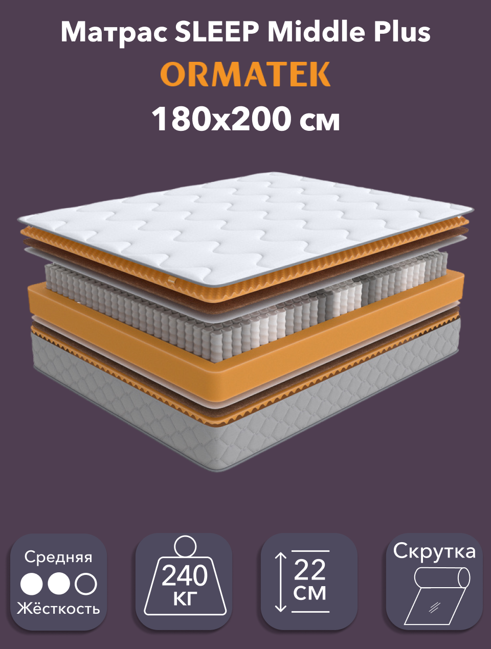 Орматек Матрас SLEEP Middle Plus  Независимые пружины  180х200 см  Двуспальный двусторонний анатомический матрас на кровать с массажным эффектом