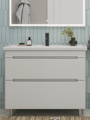 Изображение товара Тумба напольная SanStar Адель 100 с раковиной Фостер 100 (комплект) для ванной комнаты, белая