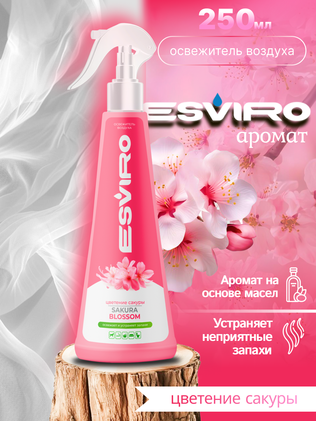 Освежитель воздуха ESVIRO, спрей, 250 мл- сакура
