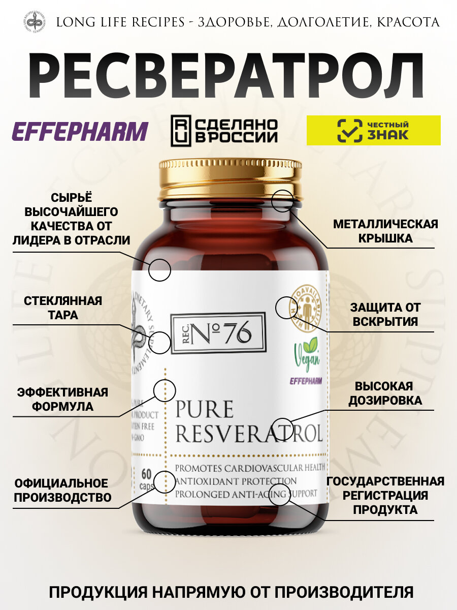 Антиоксиданты Ресвератрол, Resveratrol (148,5 мг) БАД против старения, антиоксидант для организма, 60 капсул long life recipes
