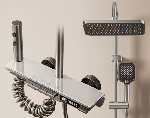 Изображение товара Смеситель для ванны с душем с тропическим душем с подсветкой и индикатором температуры смеситель белый/серый 160см