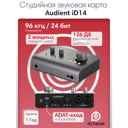Audient iD14 MKII - 2 входа/2 выхода, USB-C, 2 микрофонных преампа, мониторинг, аудиоинтерфейс