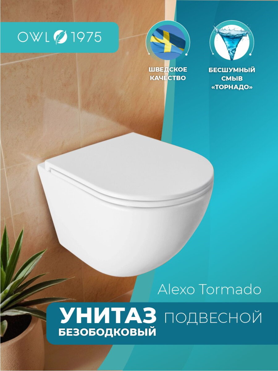 Унитаз подвесной OWL 1975 Qappo Tornado 490х370х360 безободковый с сидением микролифт скрытое торнадо