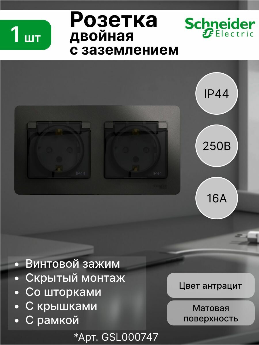 Розетка Systeme Electric (Schneider Electric) 2-я 2P+E шторки крышка в сборе, IP44 антрацит