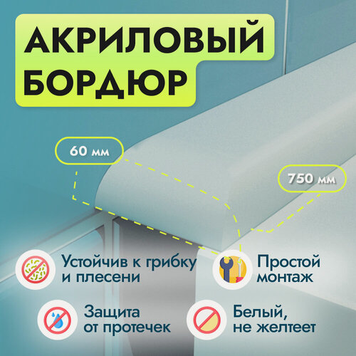 Изображение товара Акриловый бордюр для ванной П - длина 75, ширина 6 сантиметров универсальный