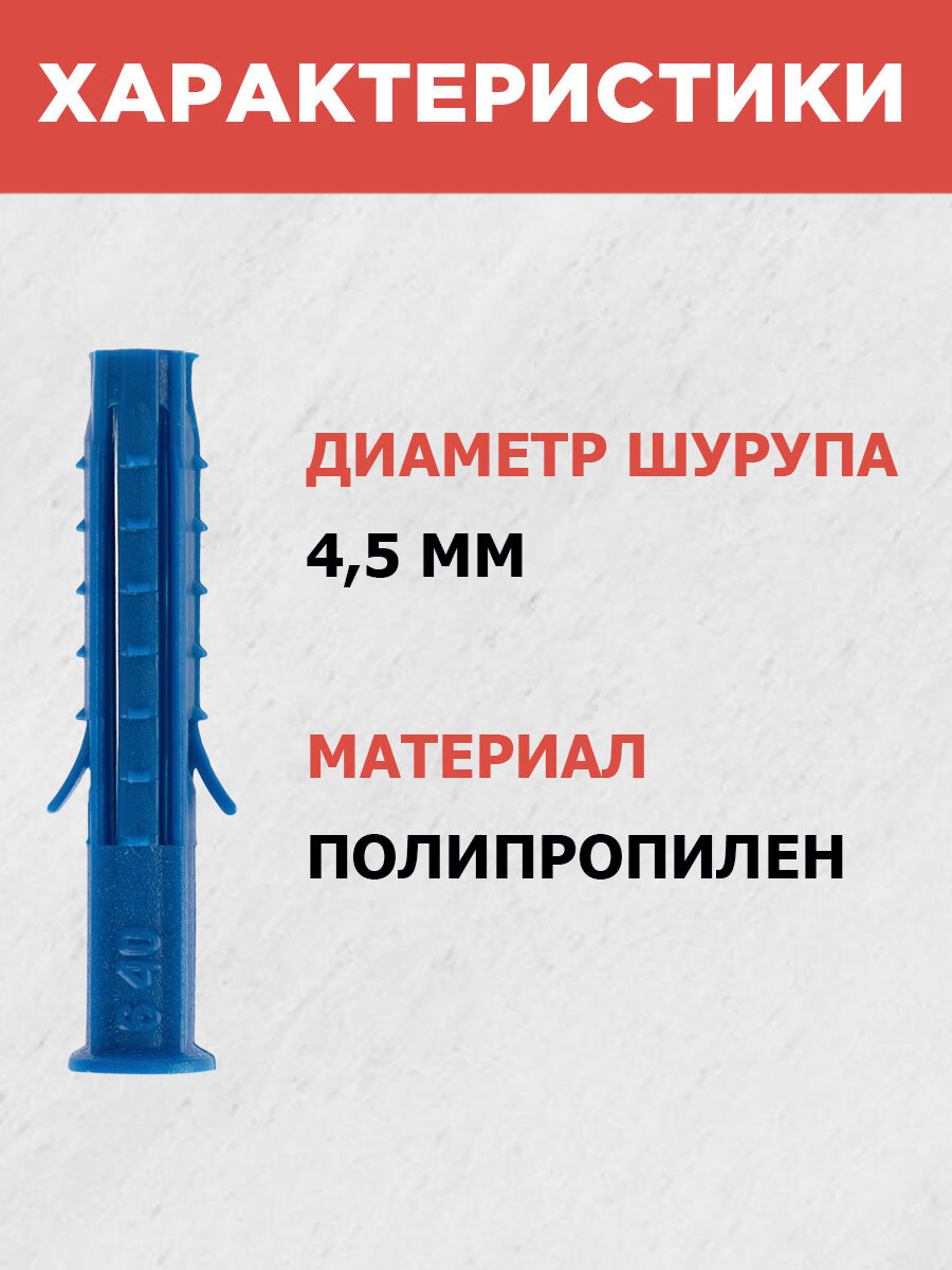 Дюбель распорный KRANZ высокопрочный 6х40, синий, 100 штук в упаковке — фото 1
