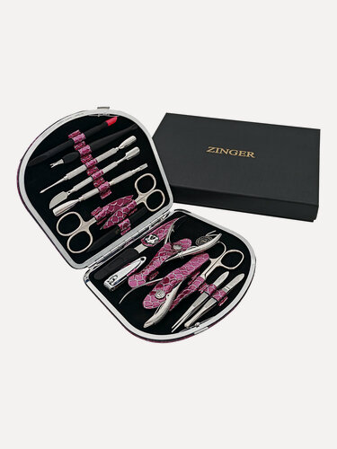 Изображение товара Маникюрный набор Zinger MSFE-1100, 15 предметов, медицинская сталь, натуральная кожа, серебристый/фиолетовый