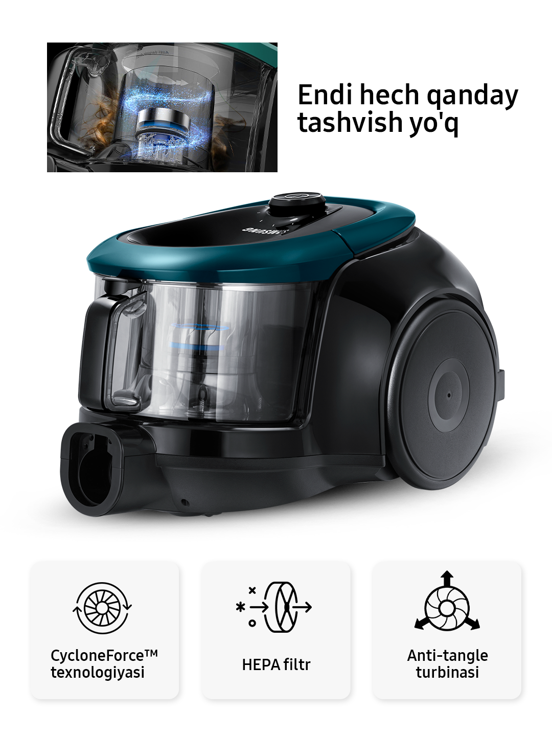 Пылесос Samsung VC18M21C0CN/UZ - 1800 Вт, 1.5 л Контейнер, Мощность всасывания - 380 Вт