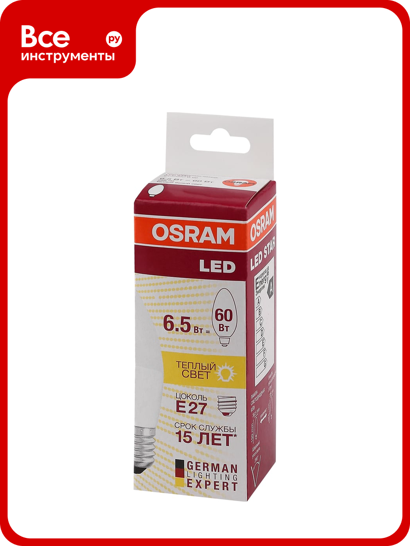 Светодиодная лампа Osram LED SSTAR B Свеча 6.5Вт E27 600Лм 2700К Теплый белый свет 4058075134232