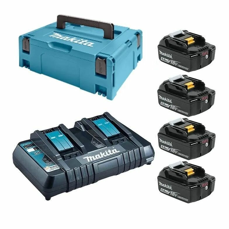 Набор аккумуляторов 4 шт. BL1850B 18В 5.0 Ач + зарядное устройство DC18RD + кейс MakPac. Makita 198312-4