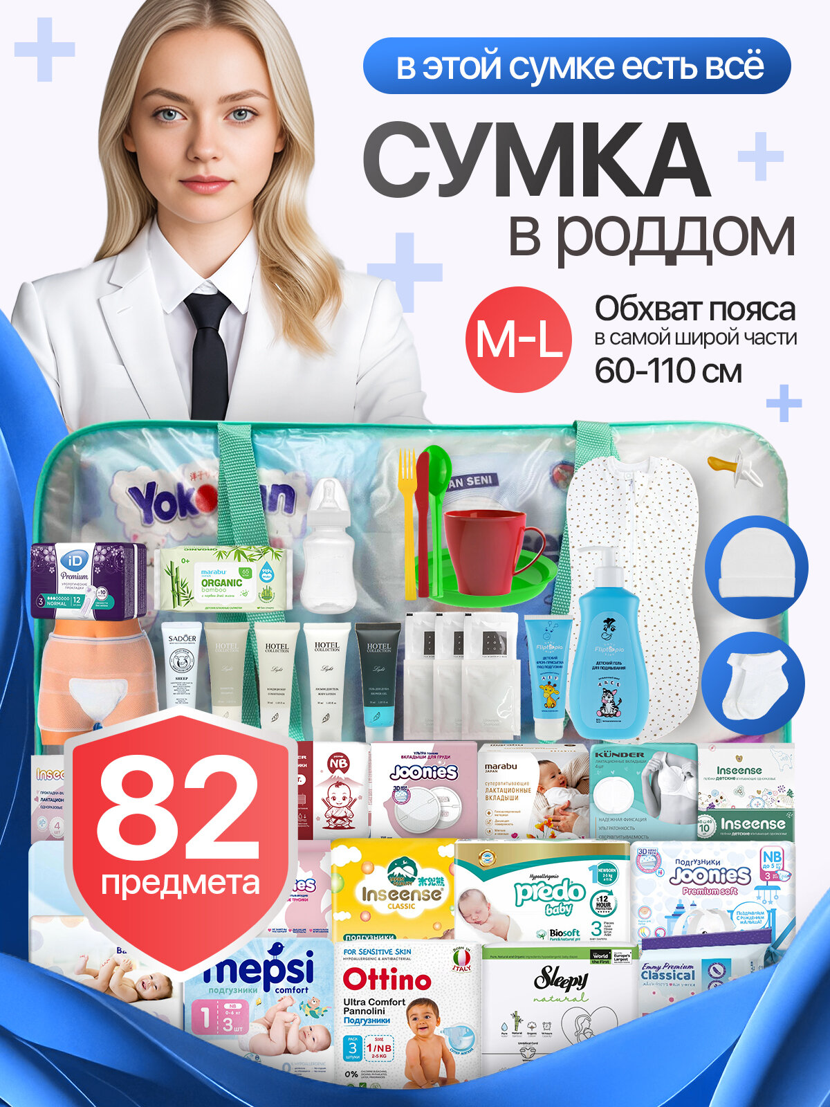 Готовая сумка в роддом для малыша и мамы Премиум с одеждой MAXI PLUS послеродовые трусы ML 82 предмета тиффани