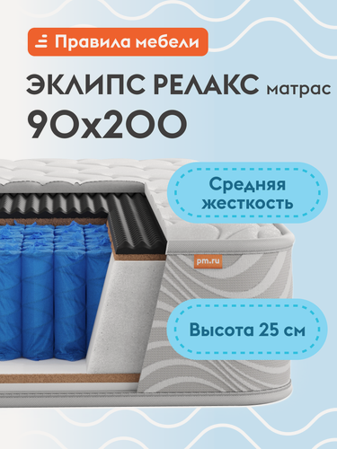 Изображение товара Анатомический, пружинный матрас Эклипс релакс, 90х200 см, с массажным эффектом, независимые пружины, двусторонний, Белый