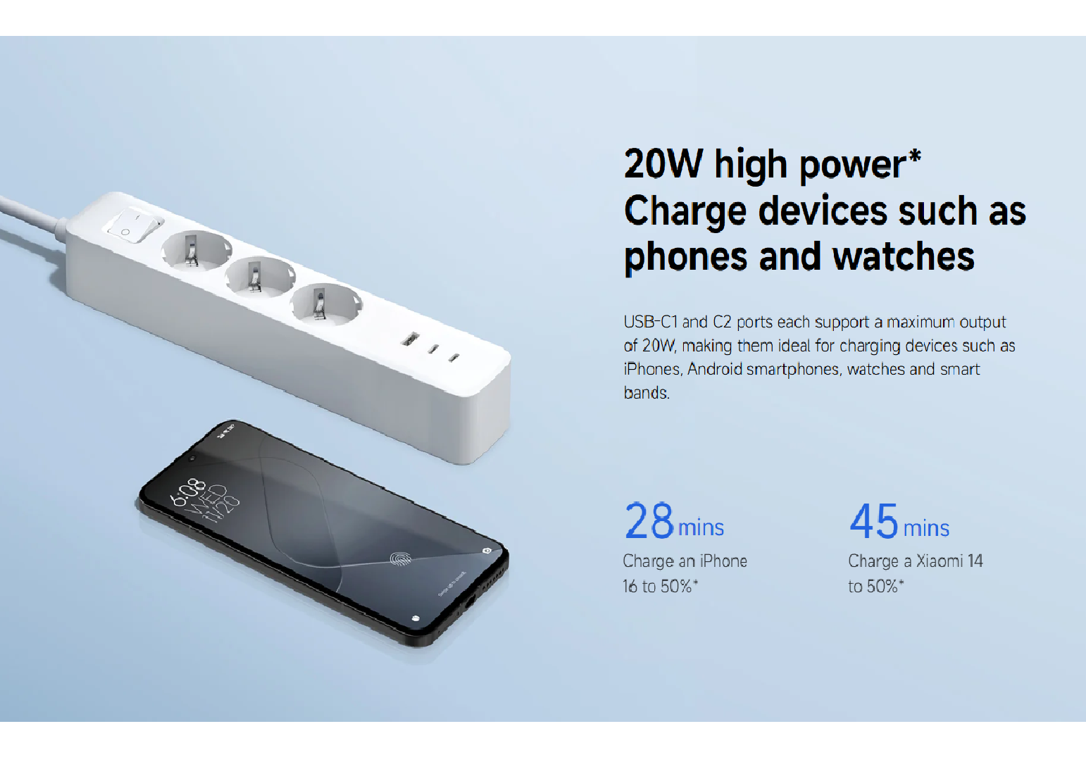 Сетевой фильтр Xiaomi 20W Power Strip (2C1A) EU (BHR07UKEU), 1,8м, белый — фото 1