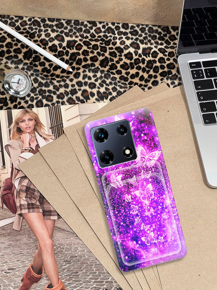 Силиконовый чехол на Infinix Note 30 Pro с принтом "Фиолетовые бабочки" с карманом для карты — фото 1