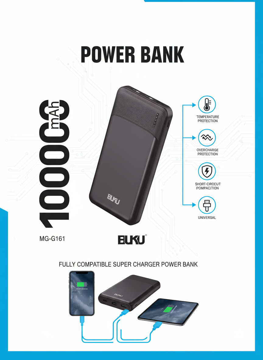 Аккумулятор Power Bank BYZ BUKU, черный, 10 000 mAh, LED-индикатор, защита от перегрева/перегрузки MG-G161