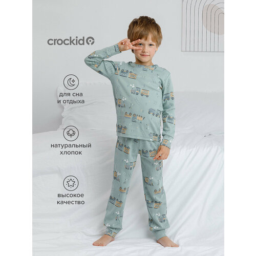 фото Пижама crockid к 1552/голубой прибой,цветные паровозы, размер 64/122, голубой