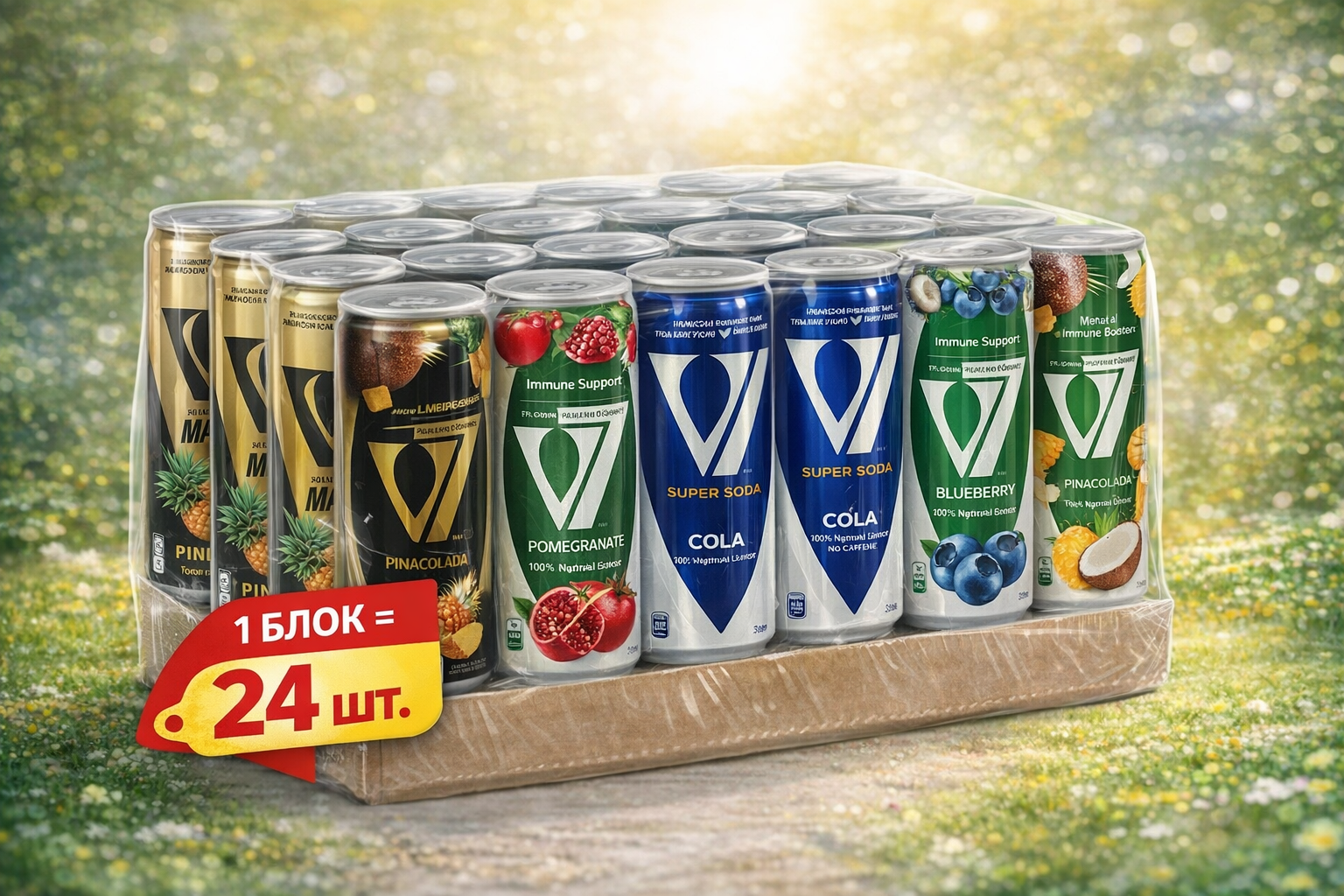 Напиток лимонад V7 Blueberry, ассортименте: кола, блуберри, ананас, ананас-какос, гранат, 24шт 300ml