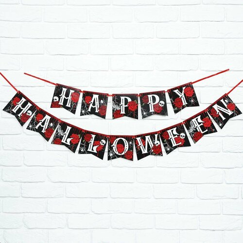 Растяжка на ленте на Хэллоуин Happy Halloween, розы, длина 250 см. белый, черный, красный