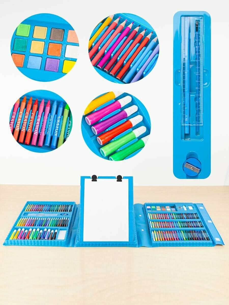 Набор для рисования в чемодане с мольбертом 208 предметов, голубой — фото 1