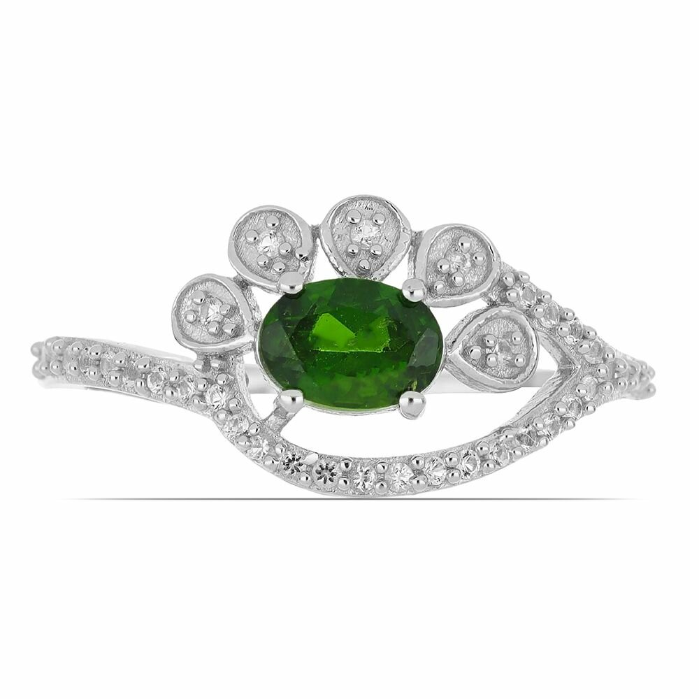 Кольцо, серебро, 925 проба, родирование, хромдиопсид, топаз