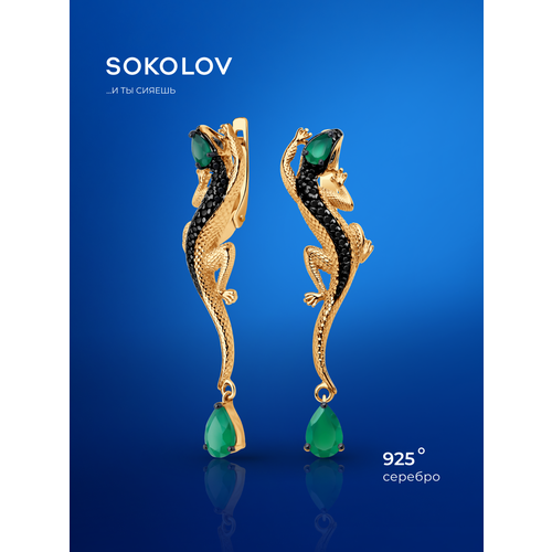 фото Серьги с подвесками sokolov, серебро, 925 проба, золочение, агат, фианит, размер 46 мм