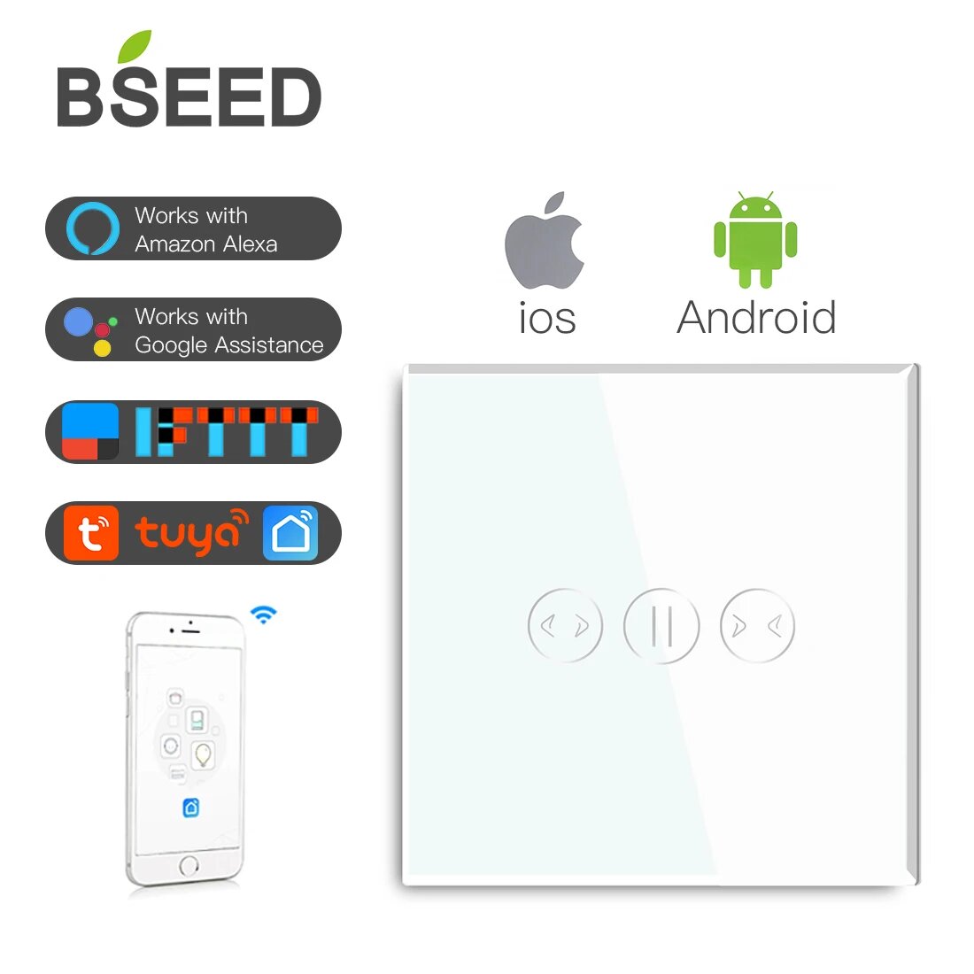Переключатель для штор BSEED с поддержкой Wi-Fi и голосового управления, Белый