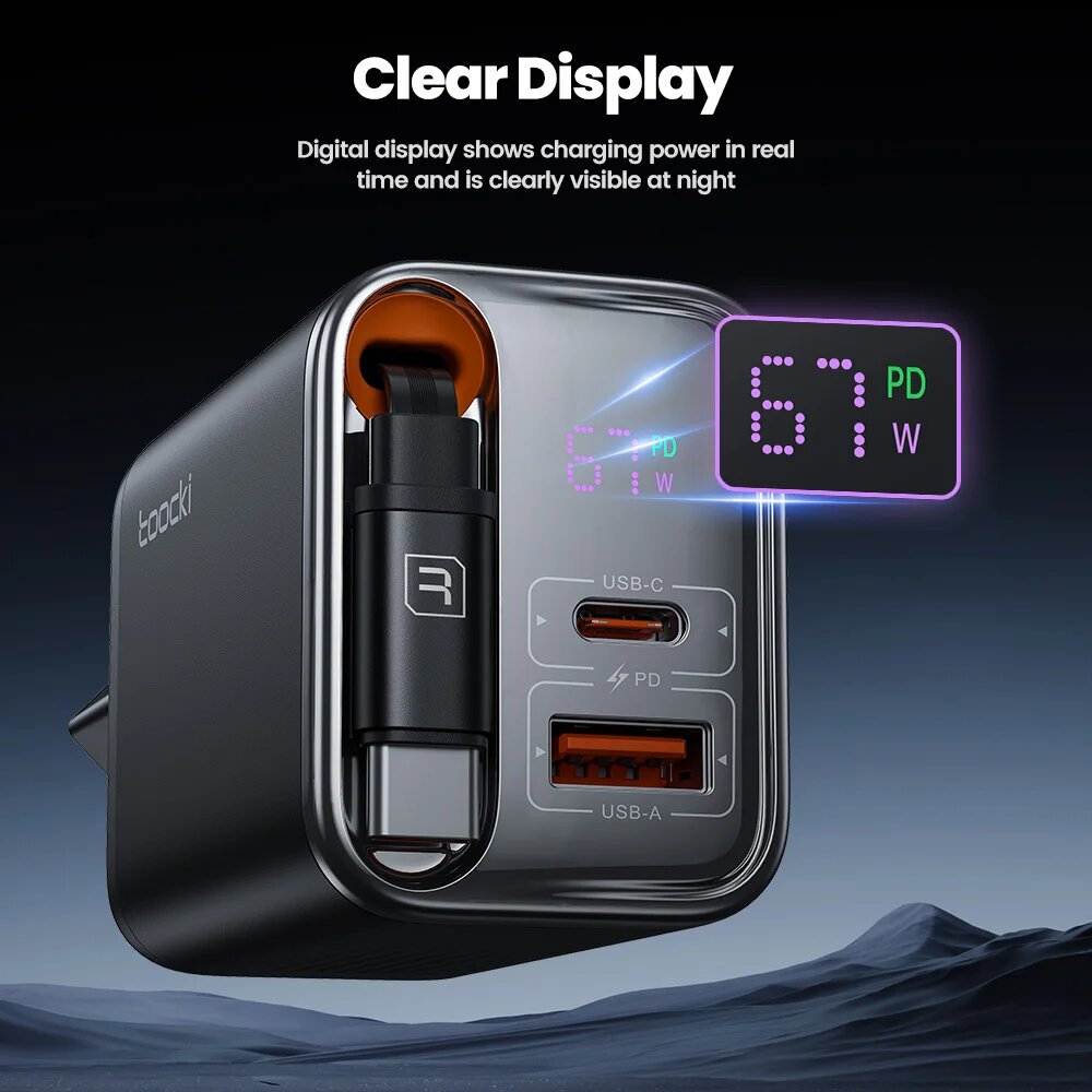 Зарядное устройство Toocki GaN USB C 67 Вт с выдвижным кабелем типа C PPS PD3.0 SFC2.0 Быстрое зарядное устройство для ноутбука iPhone 16 15 Samsung S25 S24, EU Black Display — фото 1