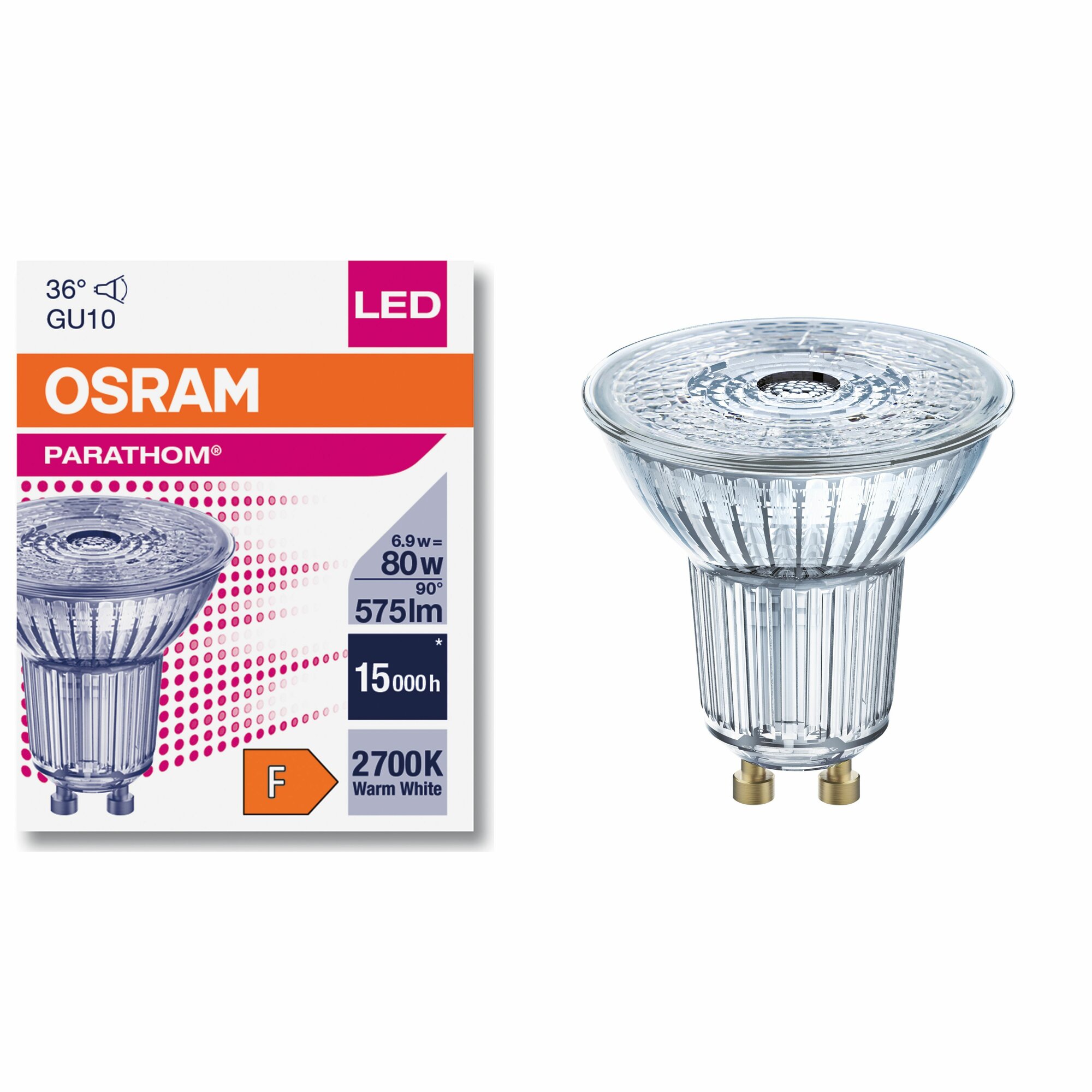 3шт/уп. Лампа LED Спот 6.9W 230V GU10 PAR16 575Лм 2700К Угол 36 град. D-50mm L-52mm Свет Теплый белый OSRAM уп. 3шт