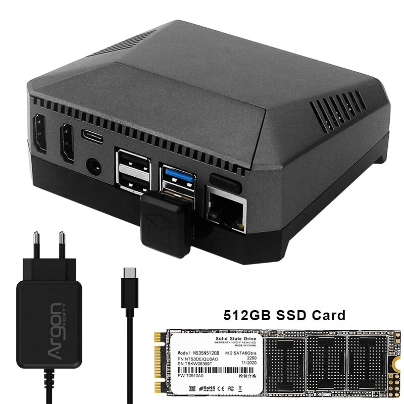 Raspberry Pi 4 Argon M.2 Алюминиевый Чехол SATA SSD к USB 3,0 встроенный охлаждающий вентилятор 128G 512G SSD карта опционально для Raspberry Pi 4 B, with Power 512G