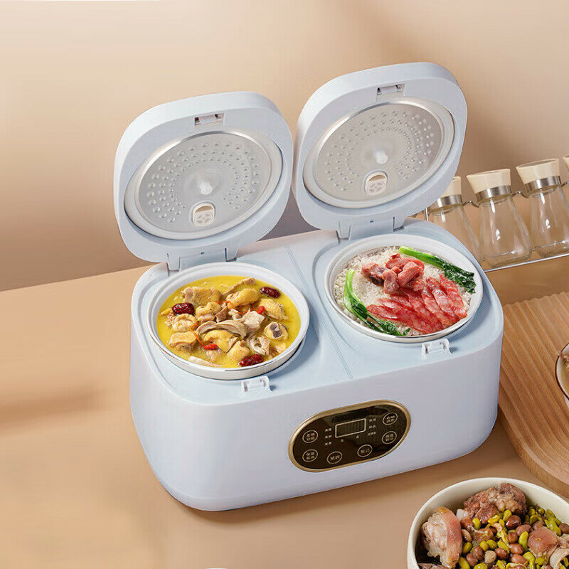 PESKOE Dual-Layer Electric Rice Cooker, Smart Multifunctional Micro-Pressure 2L+2L Dual-Layer Dual-Control Mini Rice Cooker for Porridge, Blue, MND40-6J