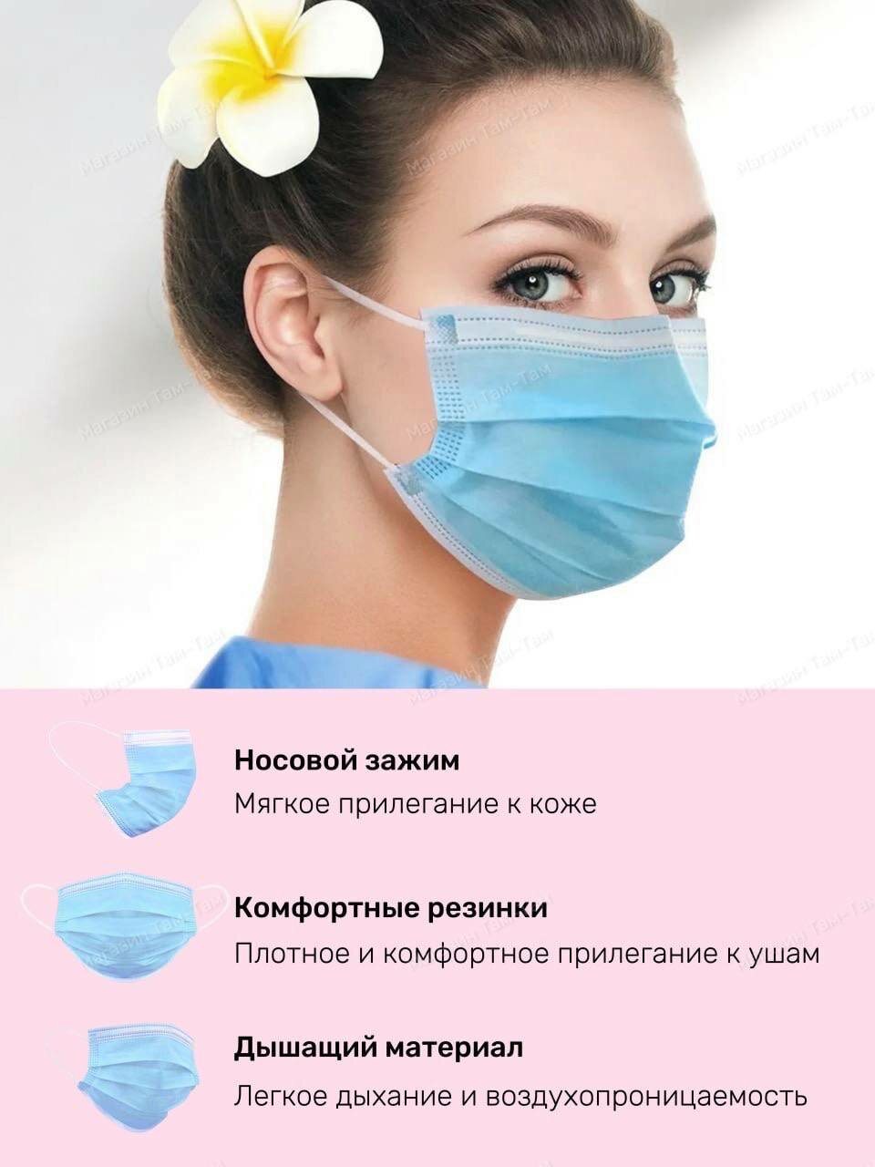 Изображение Маски медицинские, одноразовые, трехслойный фильтр, для лица, бело-голубые, 175x95мм, 50шт