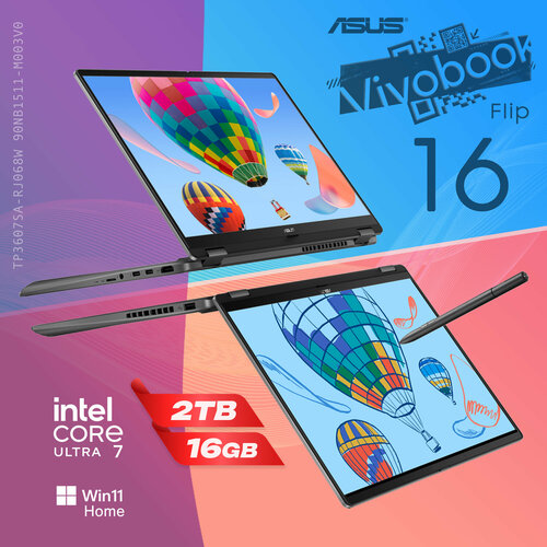 Ноутбук-трансформер ASUS Vivobook 16 Flip Matte Gray TP3607SA-RJ068W 90NB1511-M003V0 16 3K OLED 120Hz стилус ASUS Pen Intel Core Ultra 7 256V Intel Arc 140V 16GB LPDDR5X SSD 2TB PCIe GEN4 WINDOWS 11 HOME клавиатура RUUS гарантия 1 год 192874₽