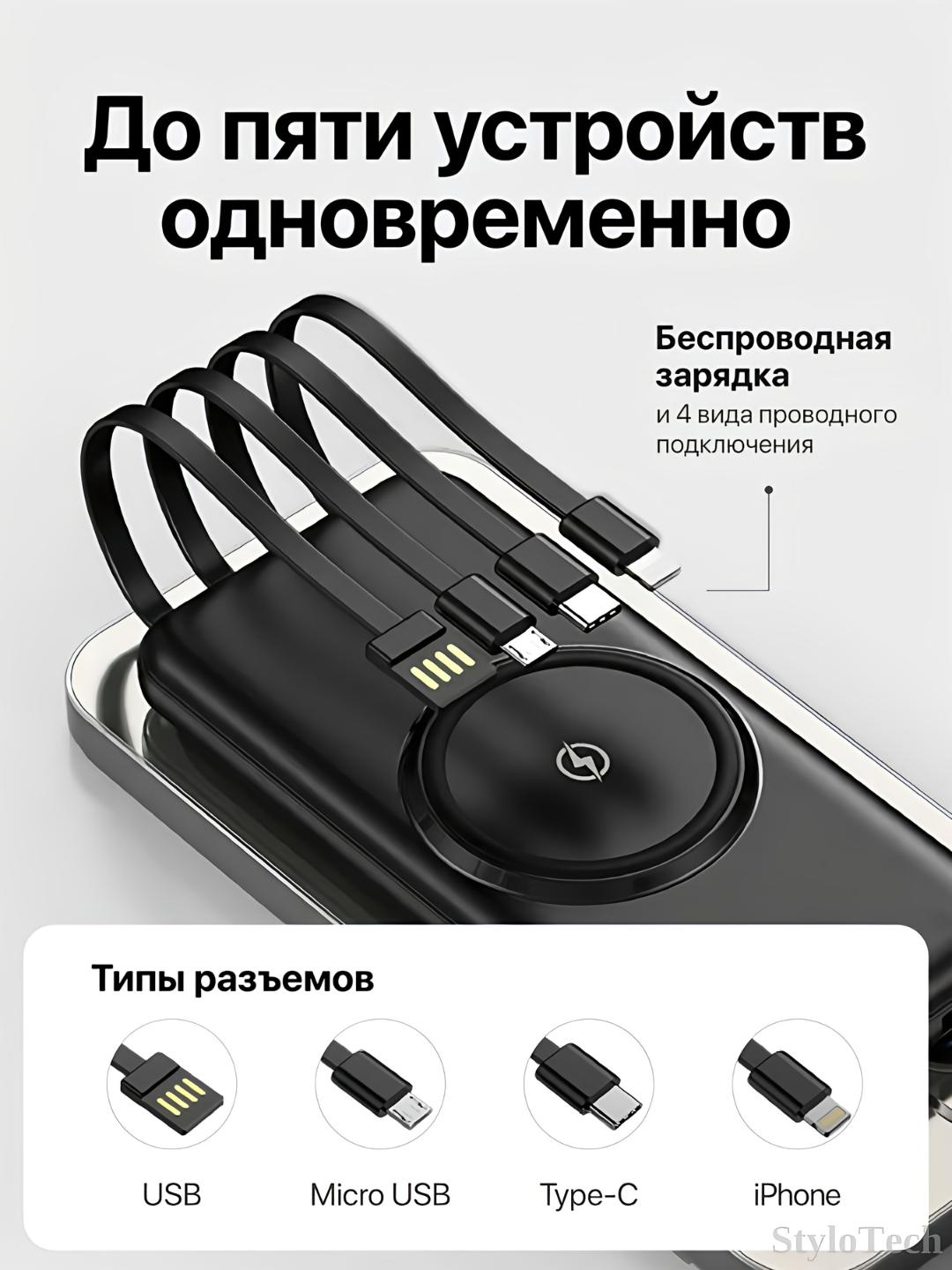 Внешний аккумулятор Power Bank 10000мА/ч, 20000мА/ч, 30000мА/ч 5 в 1 повербанк с кабелем — фото 1