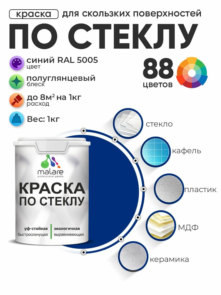 Краска Malare по стеклу и керамике, для декора и творчества, акриловая без запаха, быстросохнущая, моющаяся, полуглянцевая, синий, 1 кг