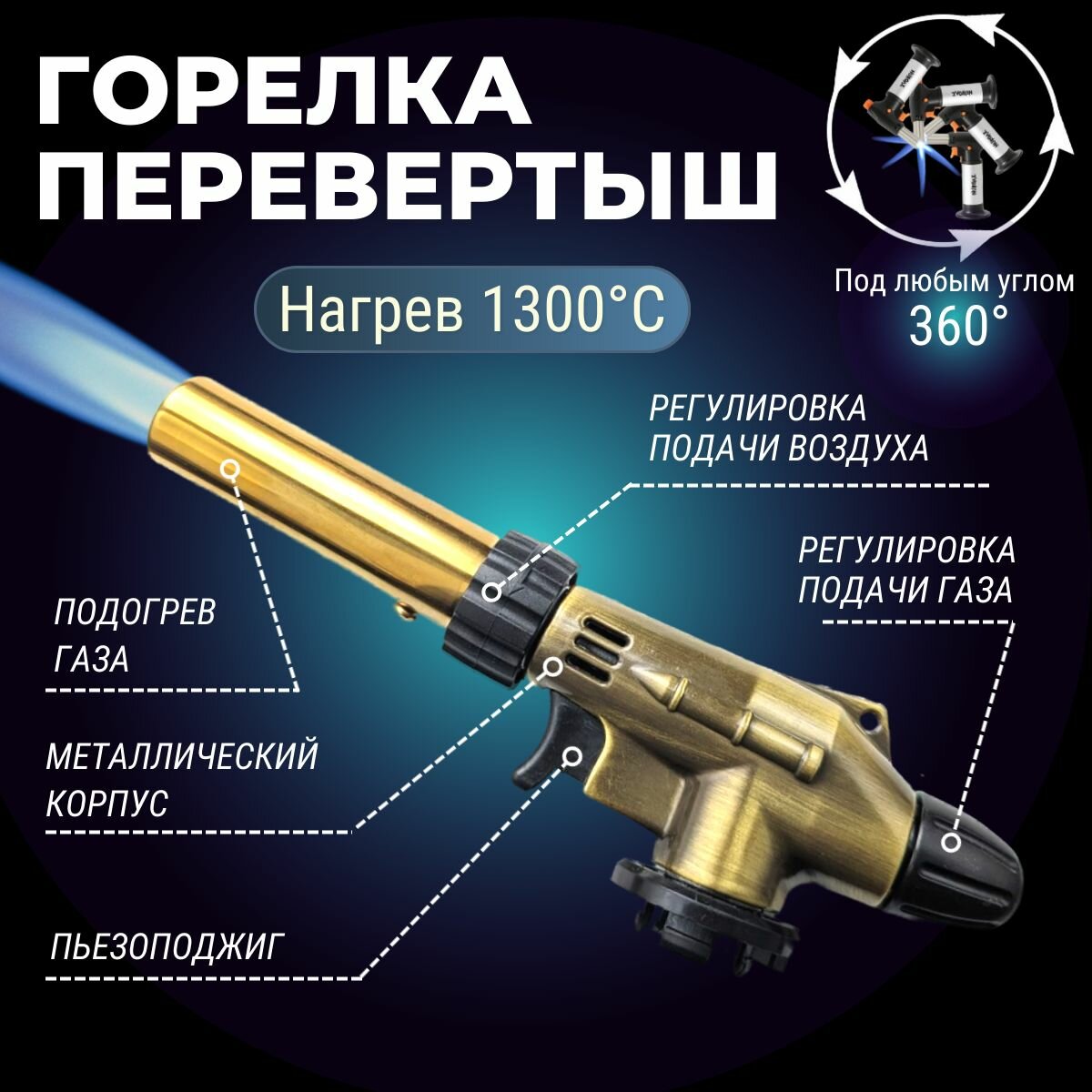 Газовая горелка с пьезоподжигом Металл Перевертыш/ Туристическая горелка насадка для газового баллона.
