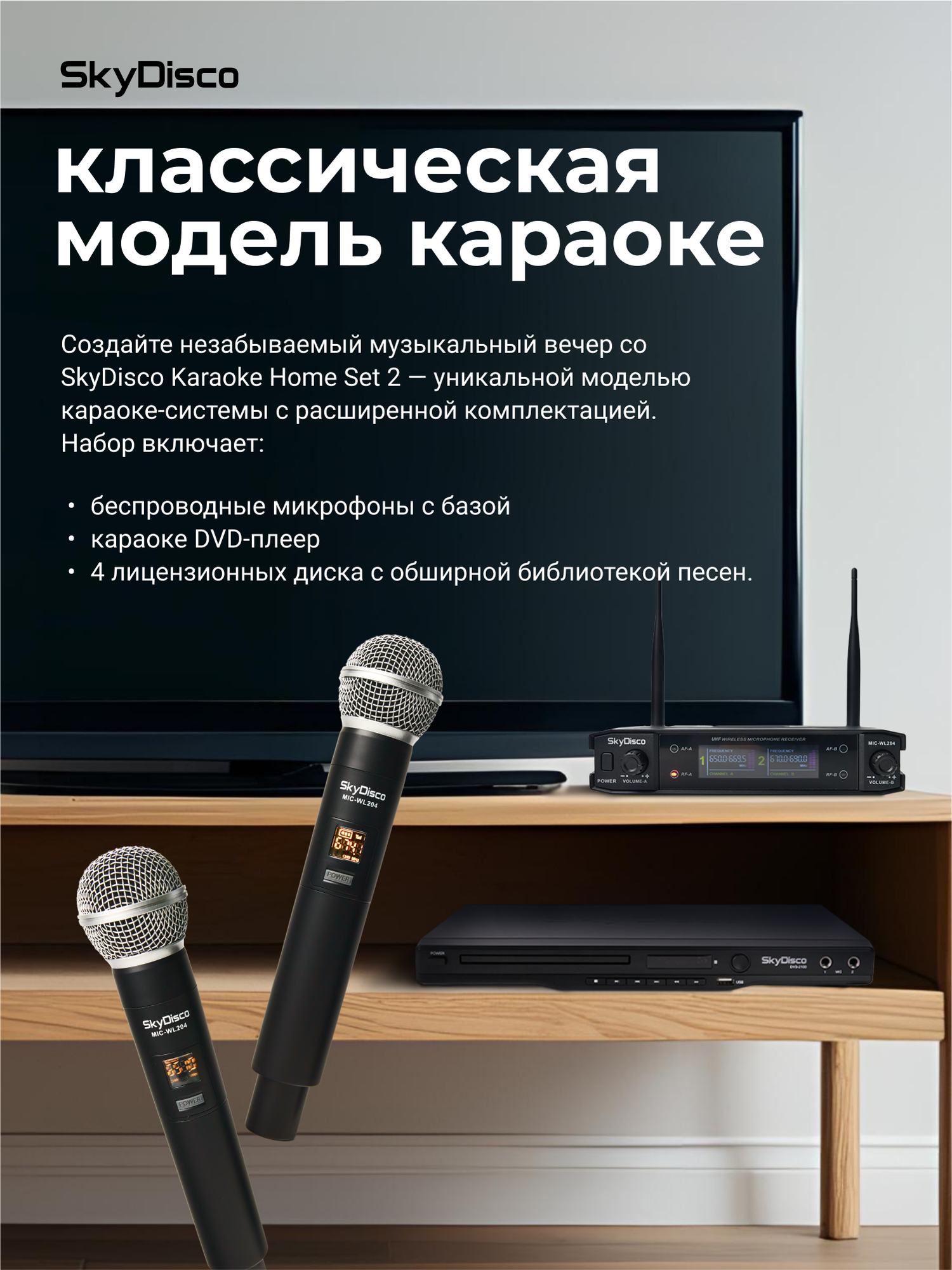 Караоке для дома SkyDisco Karaoke Home Set 2: приставка с баллами, микрофоны, диск 2000 песен — фото 1