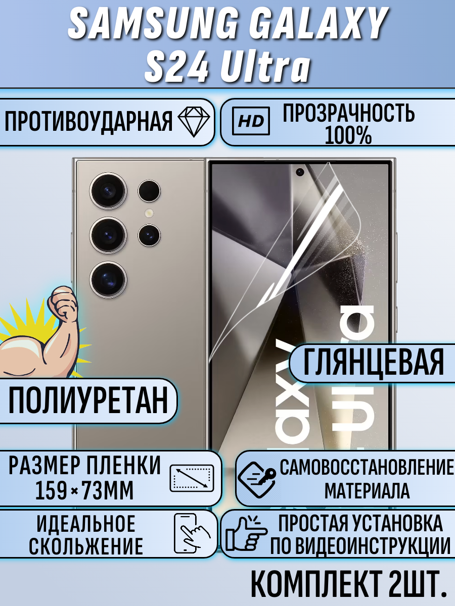 Гидрогелевая пленка для Samsung S24 Ultra полиуретановая глянцевая под чехол 2шт